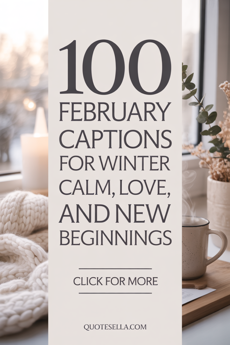 Pinterest pin featuring a cozy winter aesthetic with neutral tones, a warm mug, soft knit blanket, and gentle natural light. Text reads “100 February Captions for Winter Calm, Love, and New Beginnings” with a “Click for More” call to action and quotesella.com at the bottom.