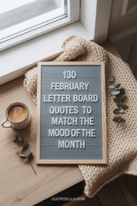 February letter board featuring the title “130 February Letter Board Quotes to Match the Mood of the Month,” styled with a knit blanket, coffee mug, and soft neutral tones for a cozy winter lifestyle aesthetic.