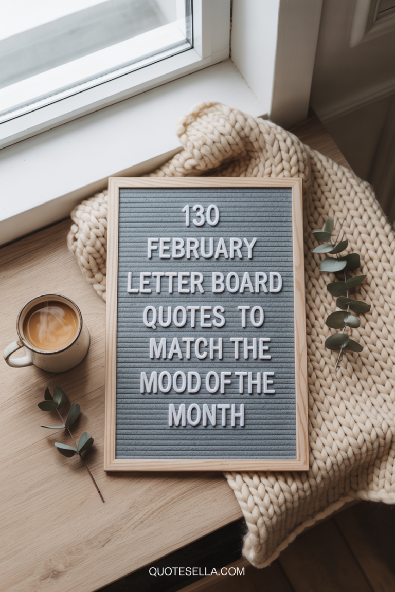 February letter board featuring the title “130 February Letter Board Quotes to Match the Mood of the Month,” styled with a knit blanket, coffee mug, and soft neutral tones for a cozy winter lifestyle aesthetic.