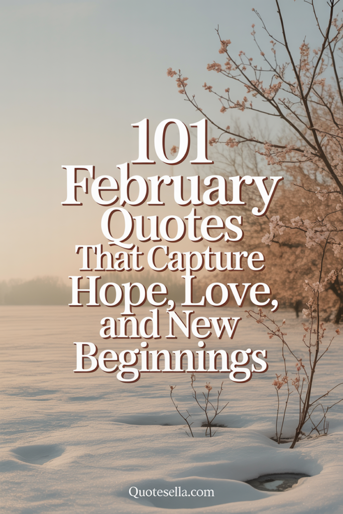 Peaceful late-winter scene with snow-covered ground and budding trees, displaying the text “101 February Quotes That Capture Hope, Love, and New Beginnings.”