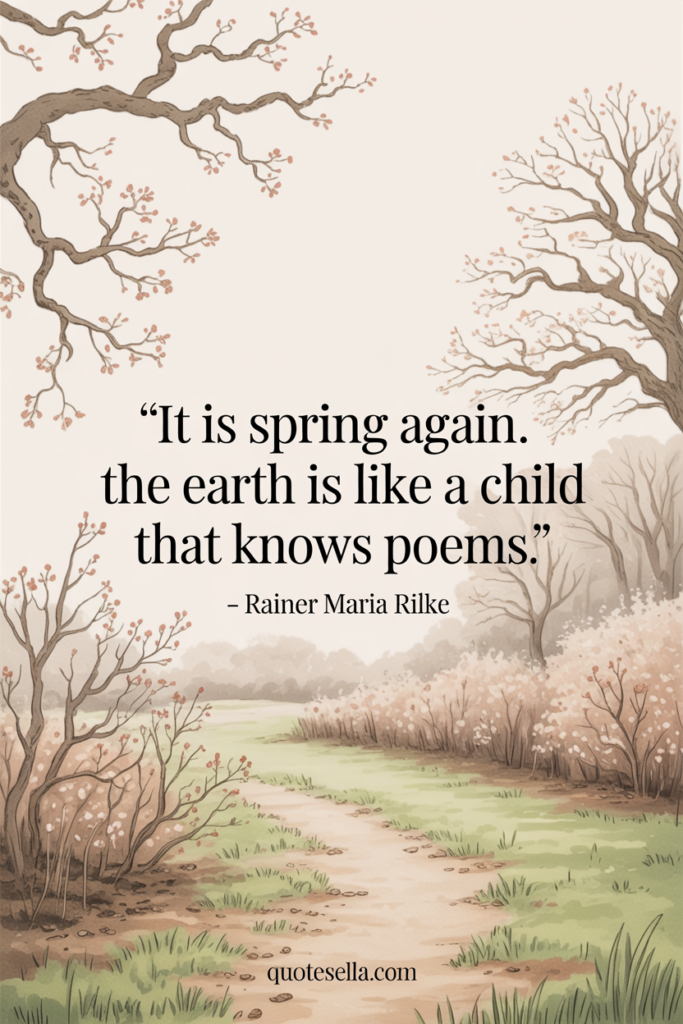 Gentle illustrated early spring pathway with budding branches and soft greenery, featuring the quote “It is spring again. The earth is like a child that knows poems” by Rainer Maria Rilke.