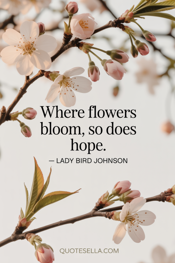 Close-up of delicate blossoms beginning to bloom on branches, paired with the quote “Where flowers bloom, so does hope” by Lady Bird Johnson.