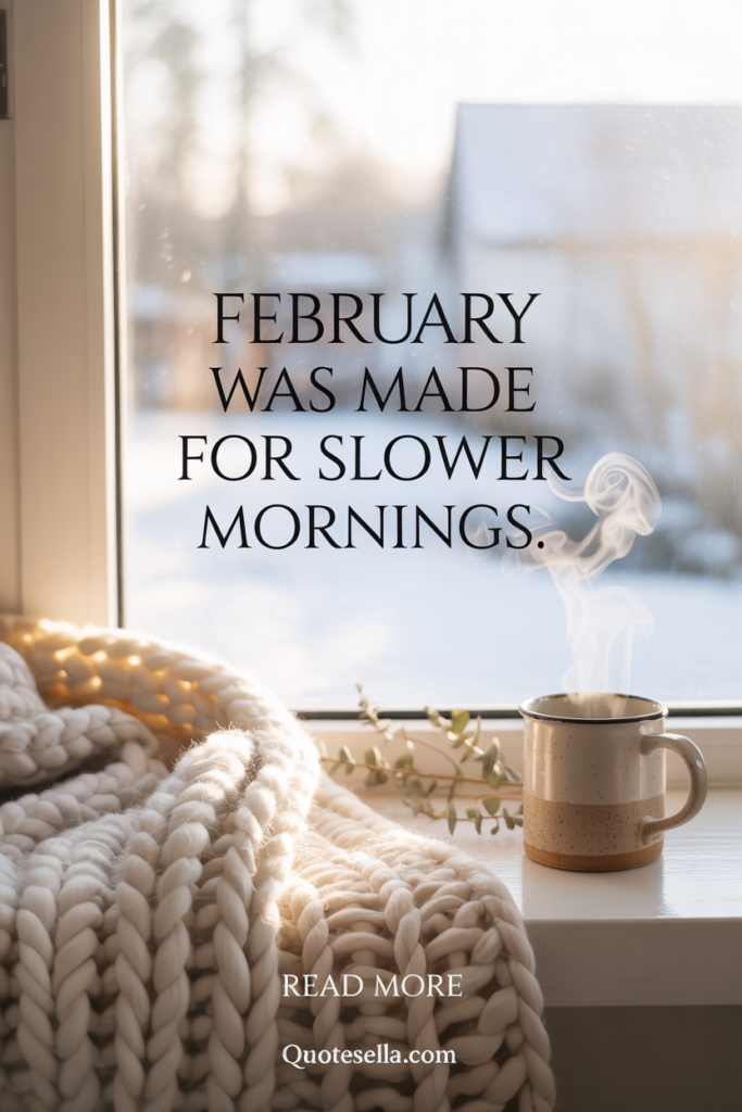 February was made for slower mornings text overlay on a cozy winter scene with a warm mug, chunky knit blanket, soft morning light through a window, and a calm seasonal atmosphere.