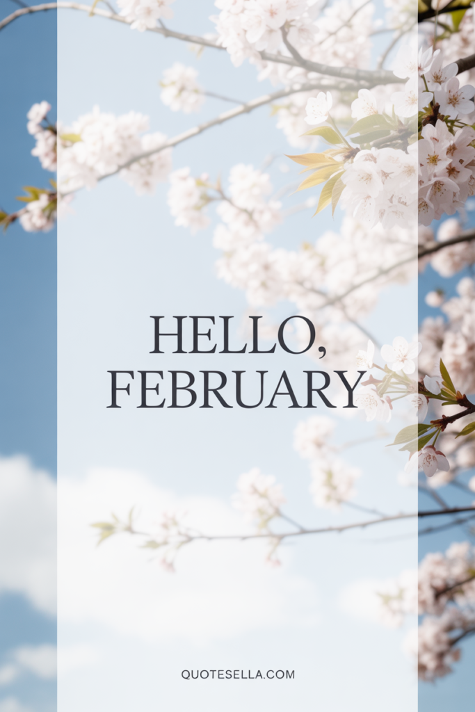 Hello February text overlay on a soft spring-inspired background with pale pink blossoms against a light blue sky, creating a fresh and hopeful February aesthetic.