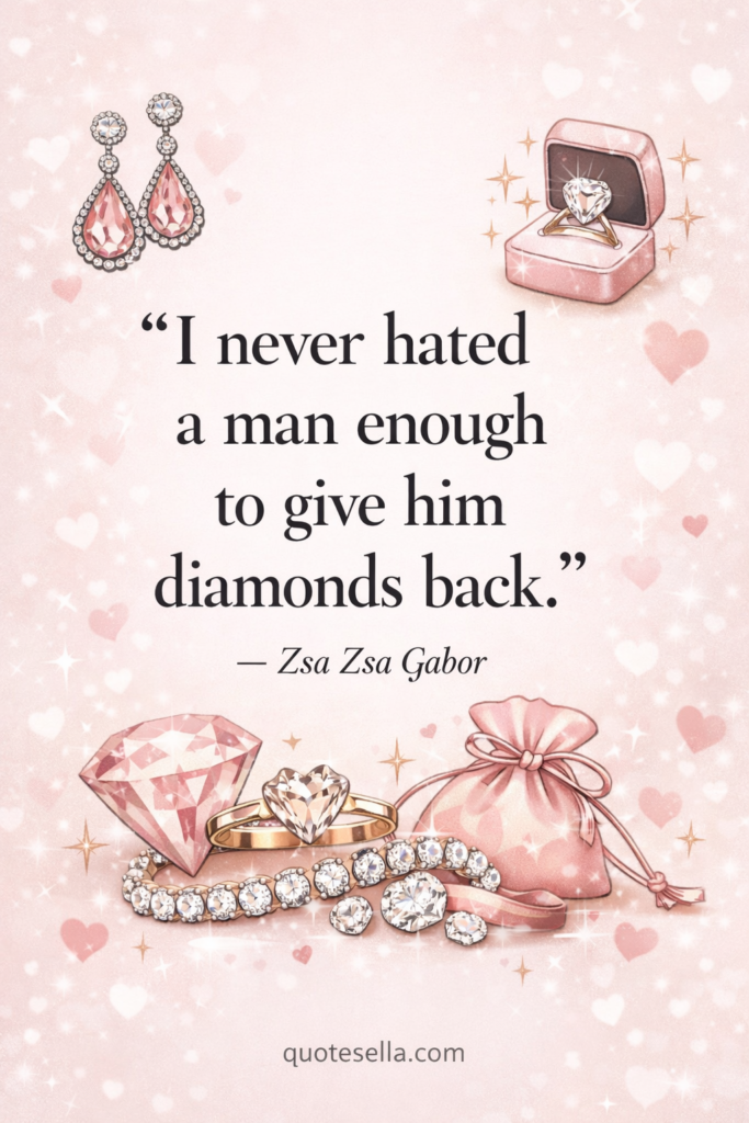 Funny Valentine’s Day quote reading “I never hated a man enough to give him diamonds back” by Zsa Zsa Gabor, styled on a soft pink background with illustrated diamonds, jewelry, and a glamorous romantic theme.