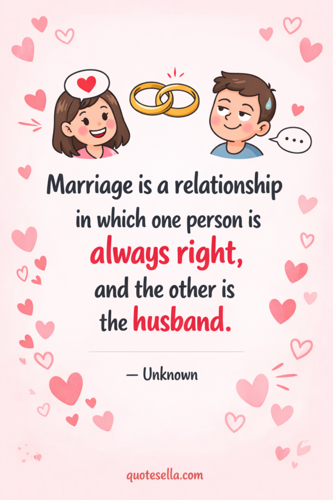 Funny Valentine’s Day marriage quote reading “Marriage is a relationship in which one person is always right, and the other is the husband,” displayed with a cute illustrated couple, wedding rings, and pink heart accents.