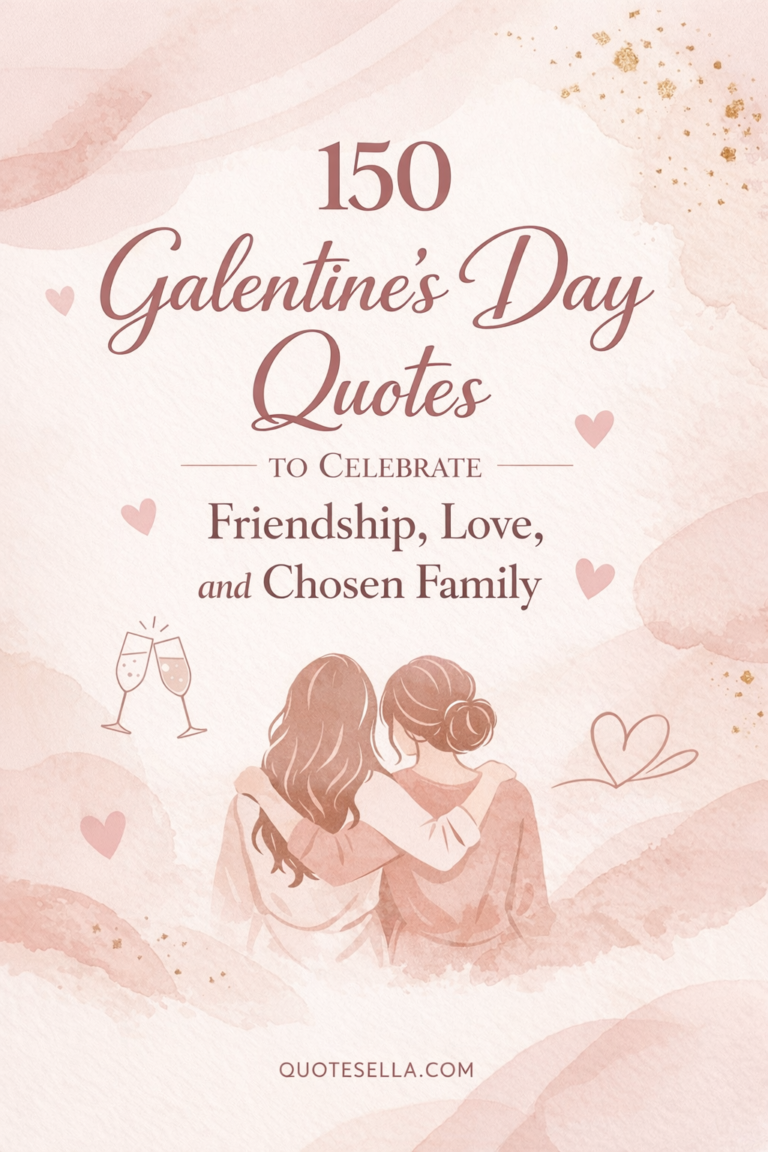 Galentine’s Day quotes cover image with illustrated female friendship, soft blush tones, hearts, and the title “150 Galentine’s Day Quotes to Celebrate Friendship, Love, and Chosen Family” with Quotesella branding.