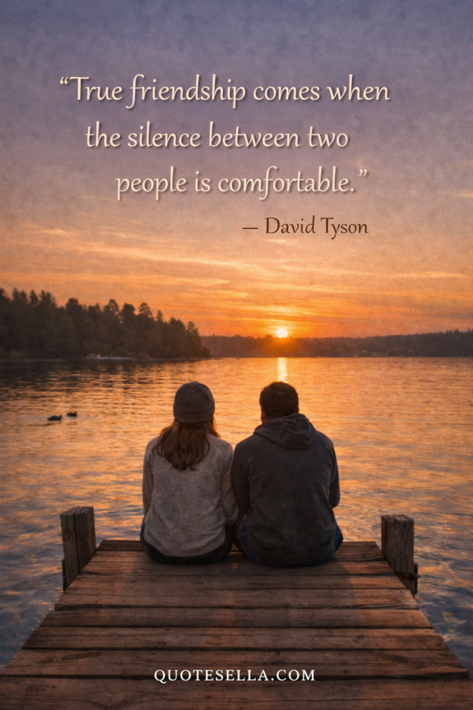 Friendship quote image showing two friends sitting together by a lake at sunset, featuring the quote “True friendship comes when the silence between two people is comfortable” by David Tyson and Quotesella branding.