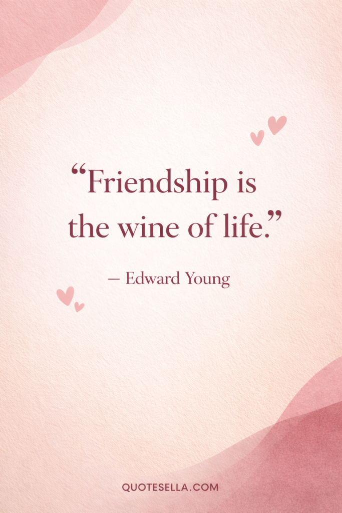 Minimal Galentine’s Day quote graphic in soft pink tones featuring the quote “Friendship is the wine of life” by Edward Young, with subtle heart accents and Quotesella branding.