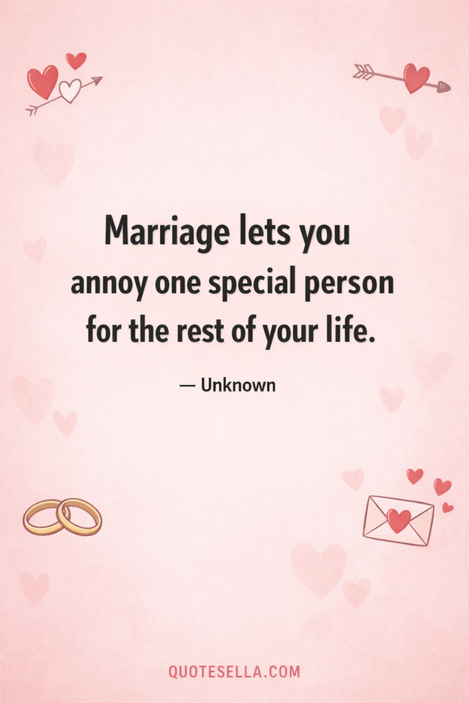 arriage lets you annoy one special person for the rest of your life quote on a soft pink Valentine’s Day background with hearts, wedding rings, and love icons