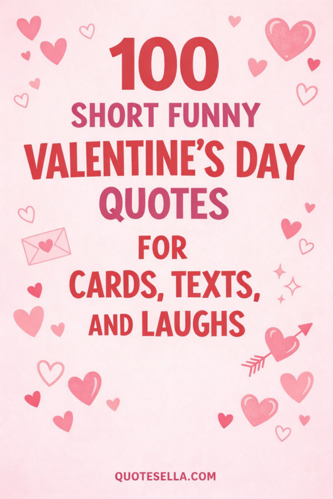 100 short funny Valentine’s Day quotes for cards, texts, and laughs on a pink heart-themed background