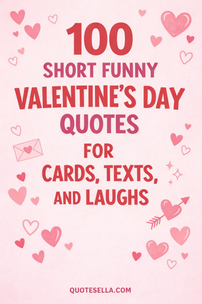 100 short funny Valentine’s Day quotes for cards, texts, and laughs on a pink heart-themed background