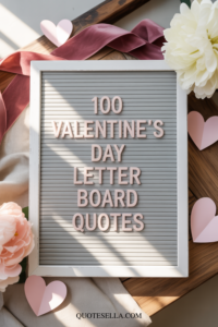 Valentine’s Day letter board styled with blush pink letters reading “100 Valentine’s Day Letter Board Quotes,” surrounded by soft pink hearts, ribbon, flowers, and neutral home decor in warm natural light.