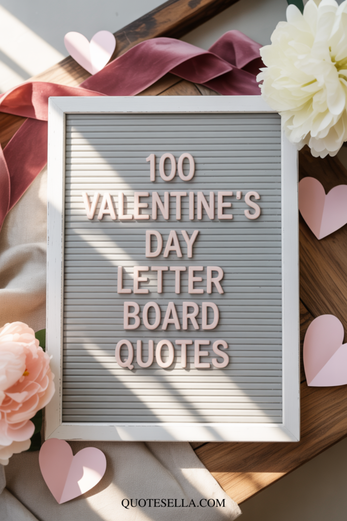 Valentine’s Day letter board styled with blush pink letters reading “100 Valentine’s Day Letter Board Quotes,” surrounded by soft pink hearts, ribbon, flowers, and neutral home decor in warm natural light.