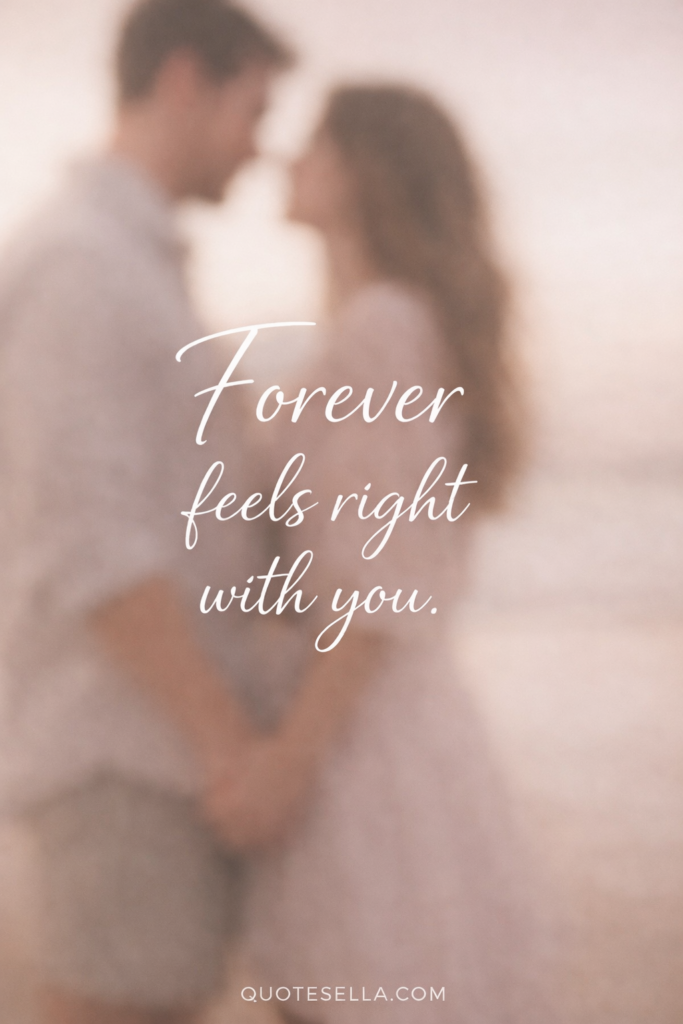 Romantic Valentine’s Day quote “Forever feels right with you” over a softly blurred couple holding hands, warm neutral tones and a calm, intimate atmosphere.