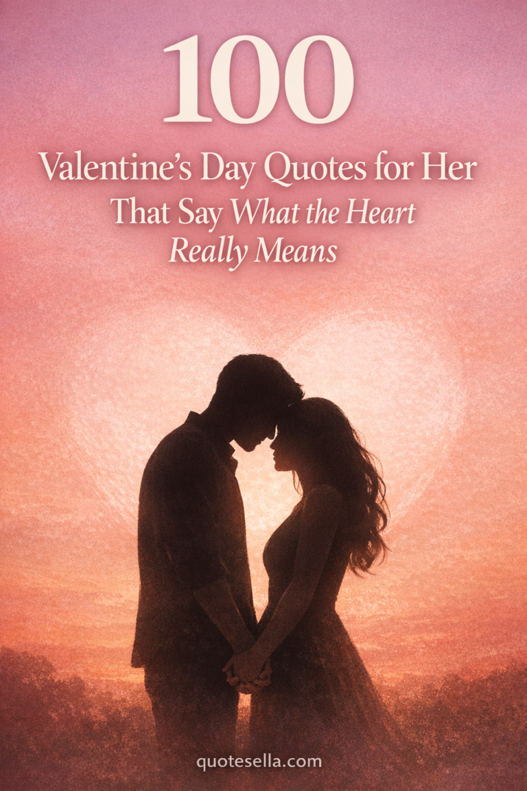 Silhouette of a couple holding hands at sunset with soft pink and orange sky, featuring text that reads “100 Valentine’s Day Quotes for Her That Say What the Heart Really Means” and quotesella.com at the bottom.