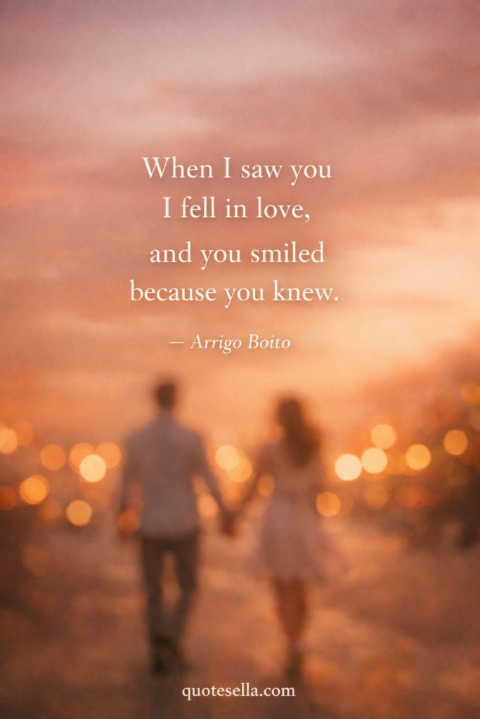 Romantic sunset scene with a couple holding hands and softly blurred city lights, featuring the quote “When I saw you I fell in love, and you smiled because you knew” by Arrigo Boito, with quotesella.com at the bottom.
