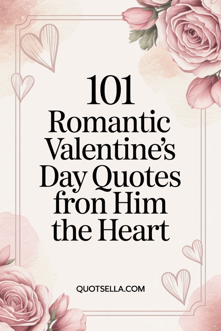 101 Romantic Valentine’s Day Quotes for Him From the Heart title pin with blush florals, hand-drawn heart details, and soft neutral tones, romantic quote collection by Quotesella